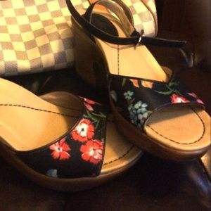 DANSKO Black Multi Flower Print Wedge Clog Heel